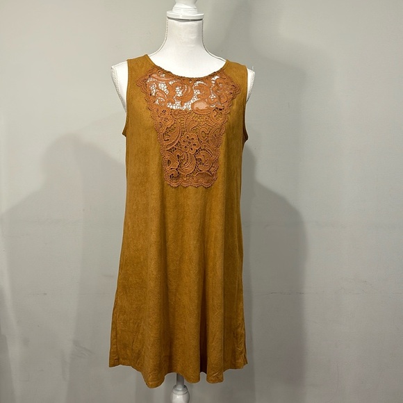 Xhileration Knee Length A-line Tank Dress Floral Lace Neckline Brown Suede - Picture 2 of 6